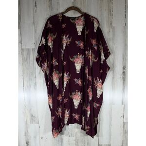 Angie Kimono Cardigan Western Gothic Bull Skull Boho Rodeo Floral Plum Burgundy